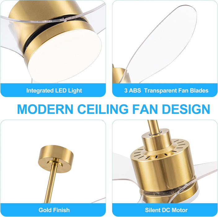 52 Inch Ceiling Fans with LED Light Remote Control, Modern Ceiling Fan with Reversible DC Motor, 3 Blades and 3 Color Temperature, LED Light Chandelier for Bedroom (Gold & 3 Transparent Blades)