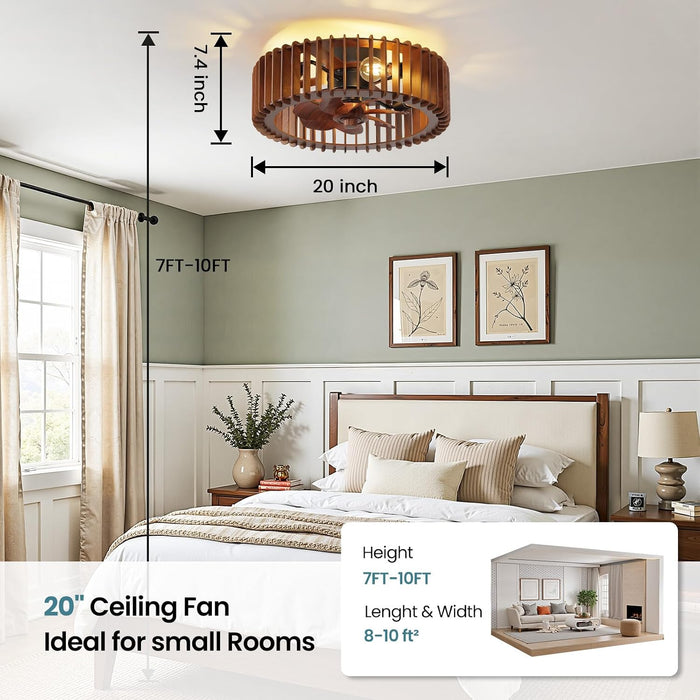 20'' Caged Low Profile Fandelier Ceiling Fan with Light and Remote Walnut