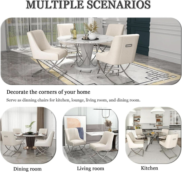 Kitchen Dining Chairs Set of 2,Accent Modern Upholstered Velevt,Contemporary Tufted Metal Chairs with X-Shaped Sliver Legs for Dining Room,Living Room, Reception Room(Beige)