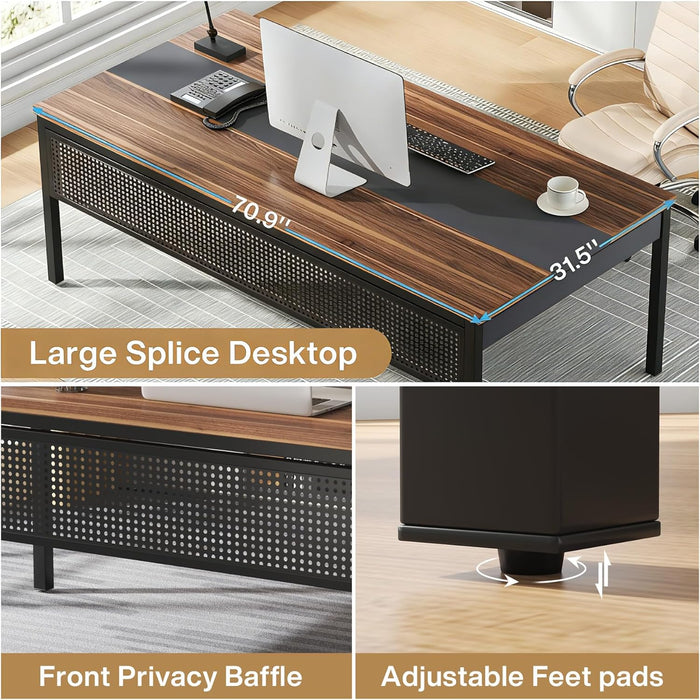 70.8-Inch Executive Desk, Large Office Computer Desk Workstation, Modern Simple Style Laptop Desk Study Writing Table Business Furniture for Home Office (Brown and Black)