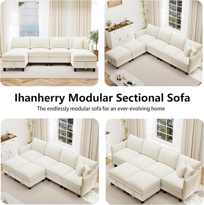 112-Inch Modular U-Shaped Sectional Beige Sofa Ottomans