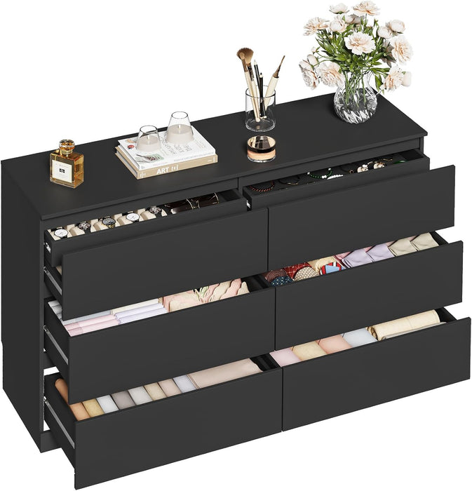 Dresser with 6 Drawers, Chest of Drawers with Hidden Drawer, Black