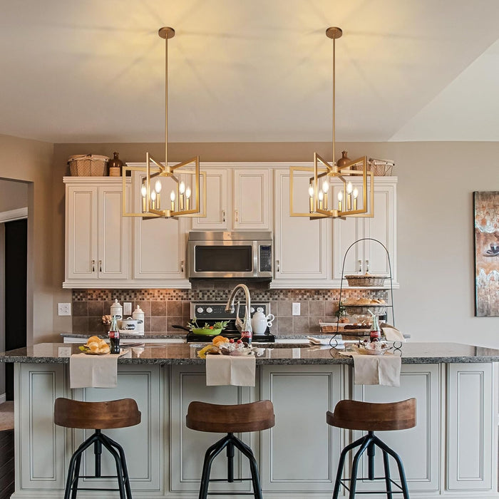 6-Light Gold Pendant Light, Modern Farmhouse Dining Room Light Fixtures over Table, Industrial Metal Geometric Kitchen Chandelier for Entryway Hallway Foyer Bedroom