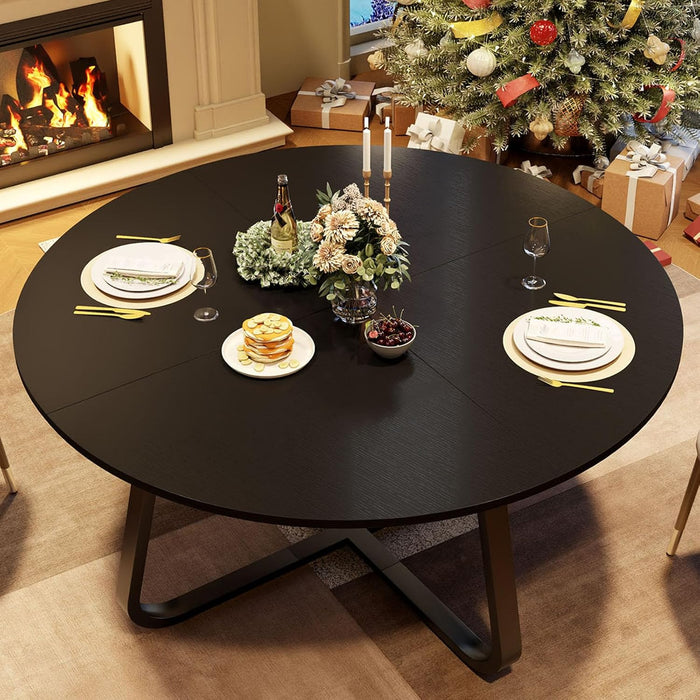 51 Inch Black round Dining Table, Modern Wood Metal Kitchen Table, Industrial Small Dinner Room for 4 to 6 People, Circle Coffee Dining Room for Home Kitchen Living Room, Black Oak