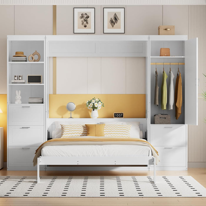 Queen Size Murphy Bed with Wardrobe and Storage Drawers & Storage Shelf,Wall Bed Frame Folding into Cabinet Design for Small Space,Bedroom,Guest Room,White