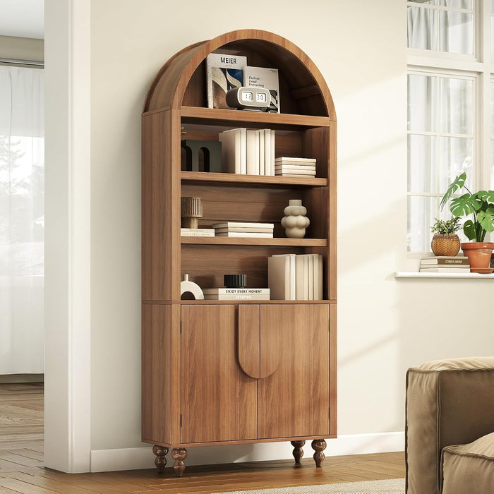 2 Pack 71" Tall Arched Bookshelf with Storage Cabinet, Modern Wood Display Bookcase with Arched Top, 3 Adjustable Open Shelves, 2 Doors Cabinet, for Living Room, Bedroom, Walnut
