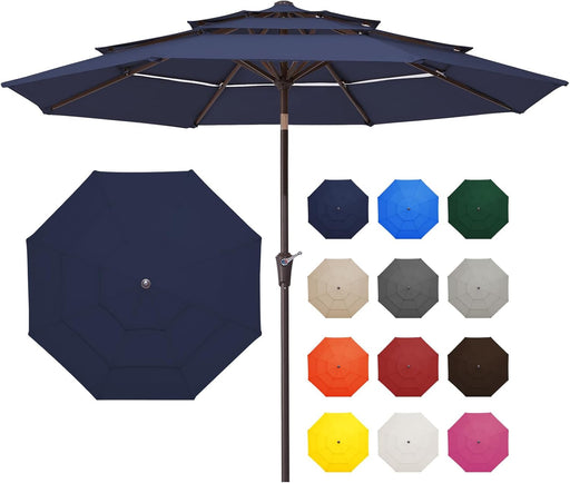 9FT 3 Tier Patio Umbrella Outdoor Market Umbrella Table Umbrellas with 8 Ribs 1.5 Pole Push Button Tilt and Crank UV Protection for Garden,Navy