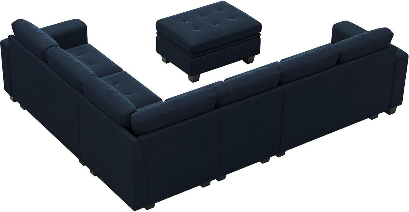 Velvet L Shaped Sofa Couch with Reversible Chaise Convertible Modular Sectional Sofa Set with Storage Ottoman Corner Sofa Set for Living Room Blue