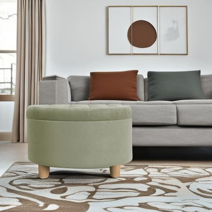 Home Decor | Button Tufted Velvet round Storage Ottoman | Ottoman with Storage for Living Room & Bedroom, Light Sage Green Velvet