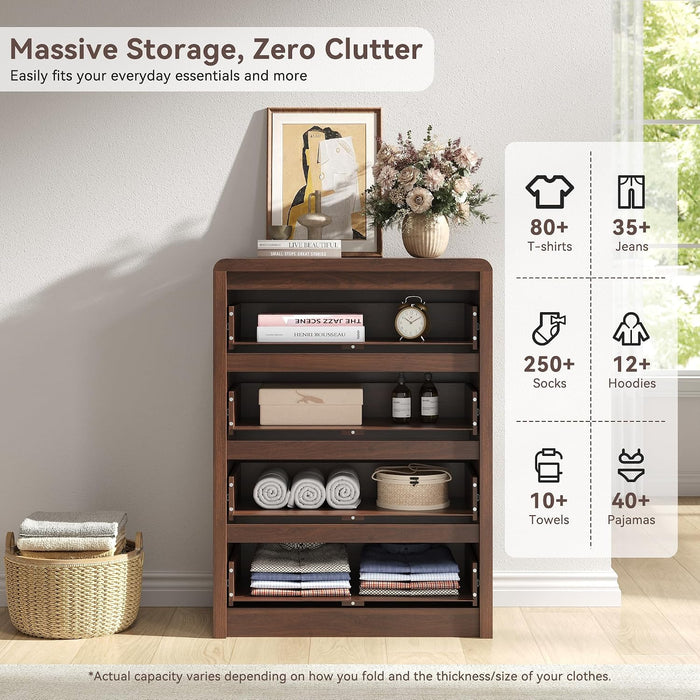 Fluted 4 Drawer Dresser for Bedroom, 40” Tall Modern Dresser & Chest of Drawers with Curved Profile Design, Wood Mid Century Dressers for Bedroom, Living Room, Walnut