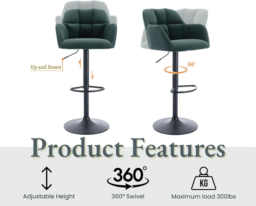 Modern Swivel Bar Stools Set of 2 Velvet Counter Height Barstools with Back and Arms Adjustable Bar Stool Chairs with Metal Base for Kitchen Island/Home Bar/Dining Room, Green