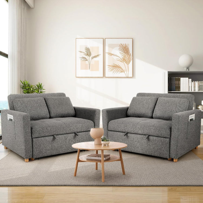 Sleeper Sofa Bed, 3-In-1 Convertible Sofa Chair, Linen Fabric Pull Out Couch Bed, Loveseat Sleeper with Spring Support, Adjustable Backrest, 2 Seater Recliner Chair for Small Space, Dark Grey