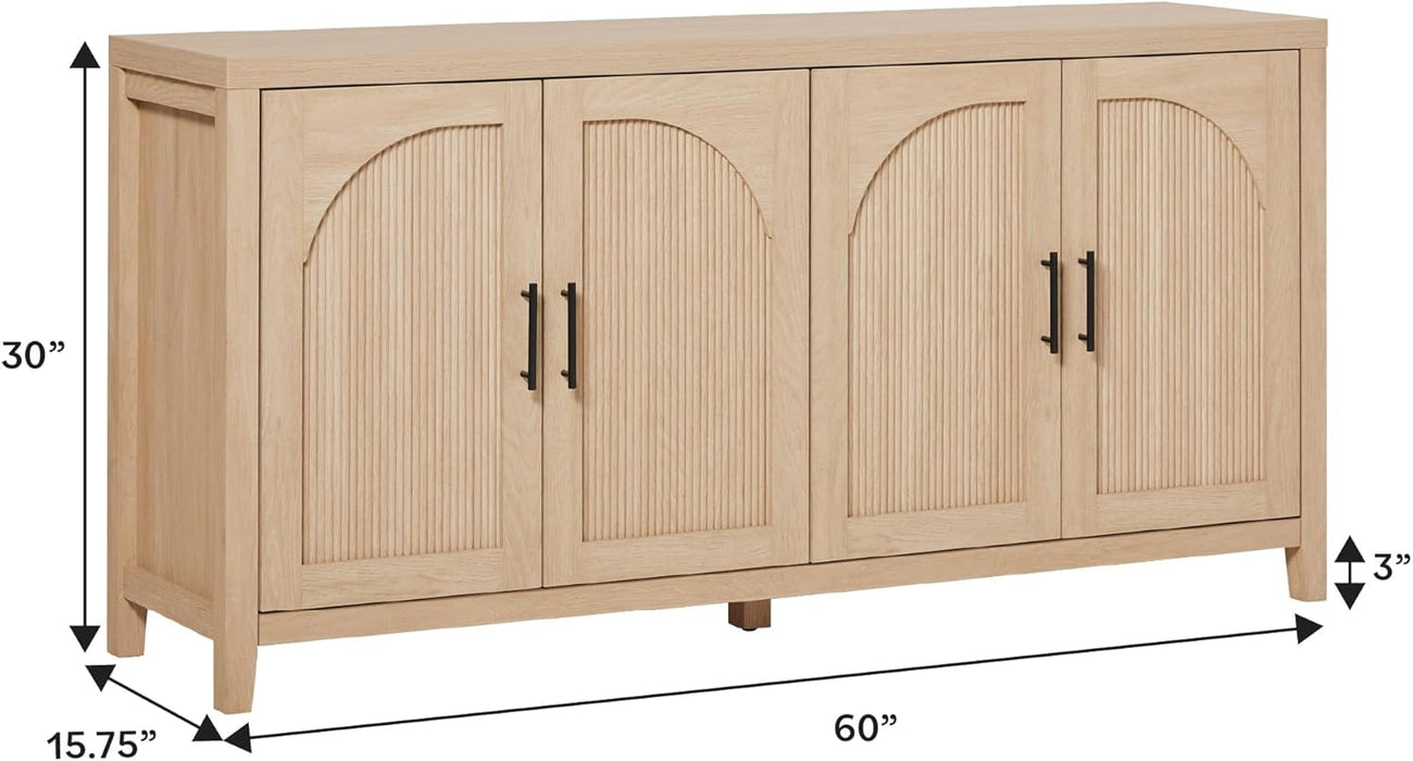 Sasha 4-Door Reeded Sideboard Buffet with Cord Management, 60 Inch, Coastal Oak