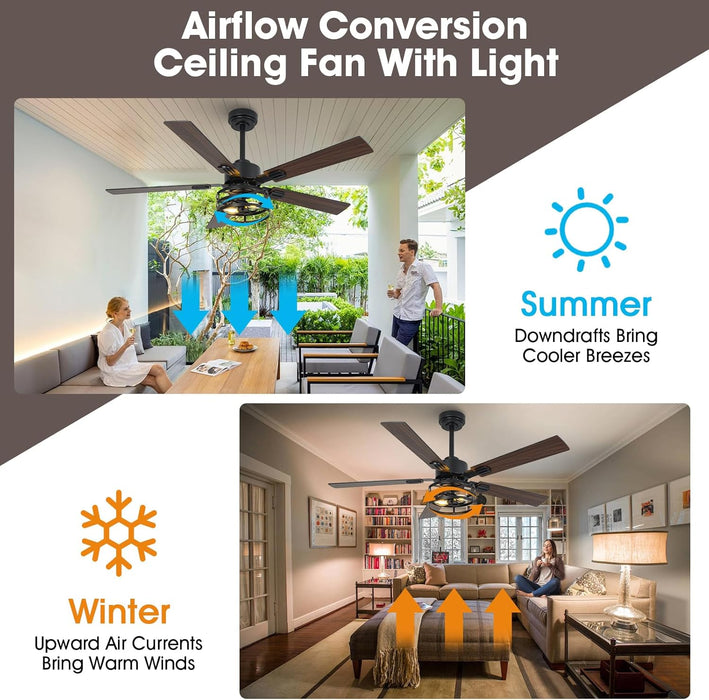 52" Farmhouse Ceiling Fans with Lights and Remote, Outdoor Ceiling Fan Dual Finish 5 Blades 6-Speed Quiet and Reversible DC Motor, Ceiling Fan with Light for Bedroom Living Room and Patio