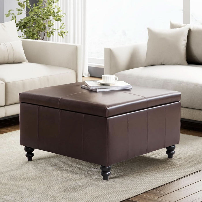 Square Leather Storage Ottoman,Ottoman Coffee Table with Storage for Living Room (Brown)