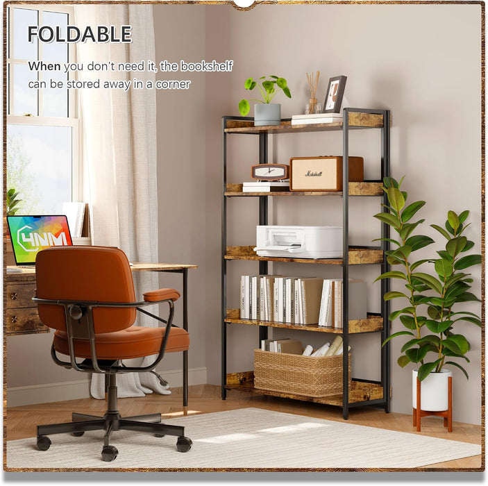 Extra Wdie No Assembly Folding Bookshelf, 64.3" H X 30.9" W, 5 Tier Collapsible Book Shelf Bookcase Foldable Shelves for Bedroom Living Room Home Office - Rustic Brown & Black