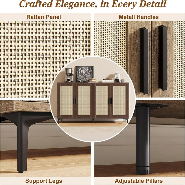 48" Rattan Buffet Cabinet with Storage, Walnut Coffee Bar Cabinet