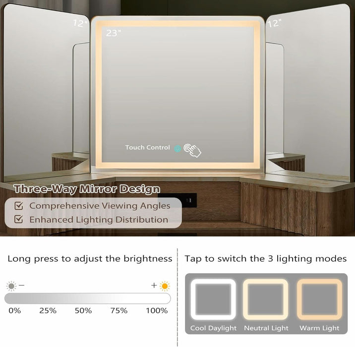 Fluted Makeup Vanity Desk with 3 Way Mirror and Lights, 48" Large Corner Vanity Table with Glass Top, Charging Station, 3 Drawers, Storage Cabinets & Shelves, for Bedroom, Natural Oak