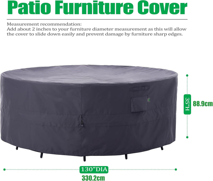 Patio Furniture Covers, Heavy Duty Tear Resistant Waterproof UV Resistant Windproof Extra Large Furniture Cover, Grey, 130" Dia X 35" H