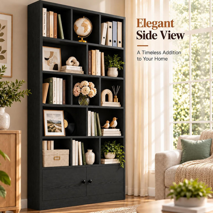 Bookcase with Doors and Open Shelves for Home Office and Living Room