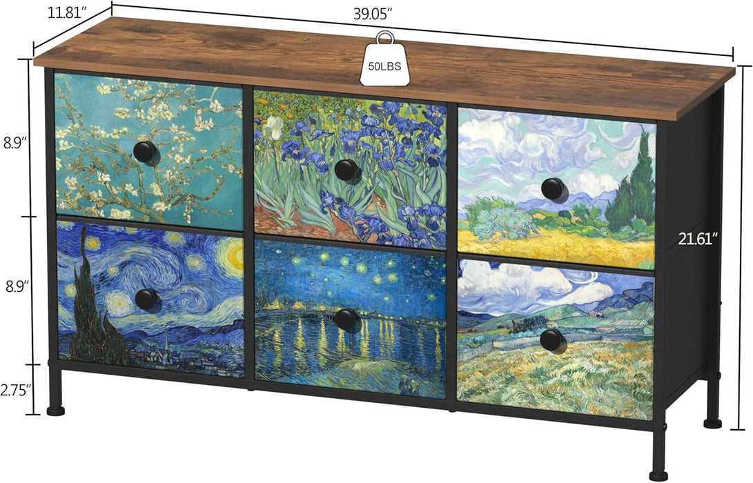 6 Drawer Dresser for Bedroom Van Gogh Chest of Drawers Wide TV Stands Fabric Storage Drawer Unit for Living Room Entryway Closet Sturdy Steel Frame Wood Top