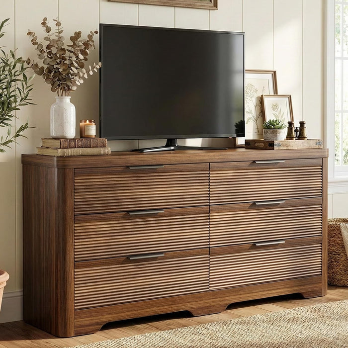 Fluted 6 Drawer Wood Dresser,Farmhouse Chest for Bedroom Entryway,Walnut