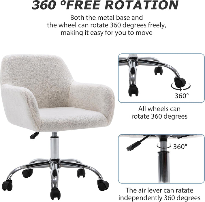 Faux Fur Makeup Vanity Chair,Home Office Desk Chair with Wheels, White