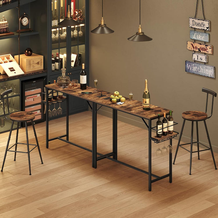 Bar Table, 35.4-Inch Counter Height Pub Table with Charging Station, Rectangular Dining Table with Wine Rack and Glass Holder, High Top Cocktail Tables, for Kitchen (Only Table)