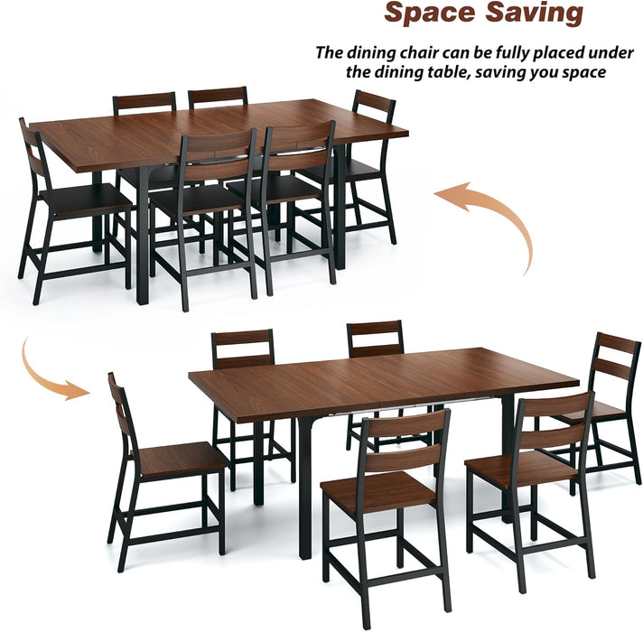 7-Piece Dining Table Set for 4-6, 63" Large Extendable Kitchen Table Set with 6 Chairs, Curved Backrest, Dining Room Table with Solid Metal Frame & MDF Board, Easy Assembly, Walnut