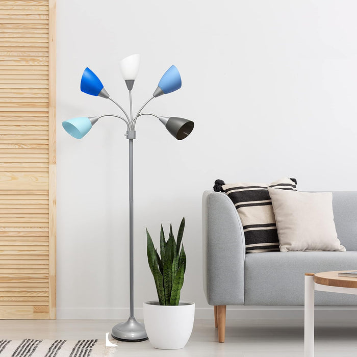 LF2006-SBG 67" Contemporary Multi Head Medusa 5 Light Adjustable Gooseneck Silver Floor Lamp with Blue, White, Gray Shades for Kids Bedroom Playroom Living Room Office