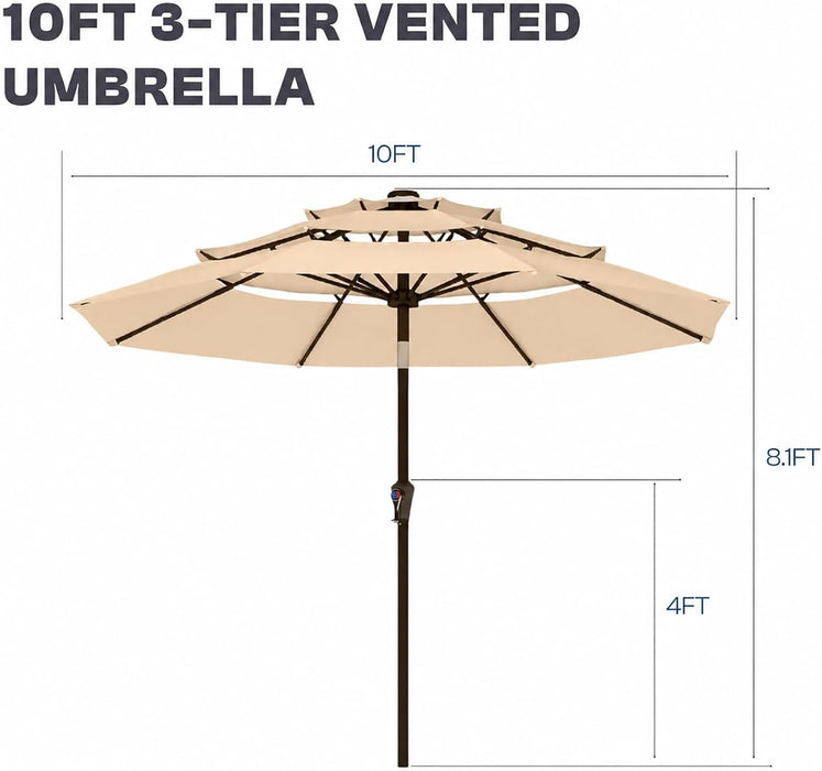 10Ft 3 Tier Patio Umbrella, Outdoor Market Table Umbrella with UPF 50+ Vented Canopy, 8 Sturdy Ribs, Easy Push Button Tilt and Crank, Windproof for Deck, Pool, Backyard and Garden