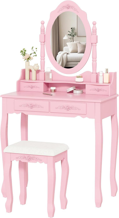 Girls Vanity Desk Set with Mirror and Cushioned Stool, 2 in 1 Pink Makeup Vanity Dressing Table with 4 Drawers for Women and Girls, Bedroom Dorm