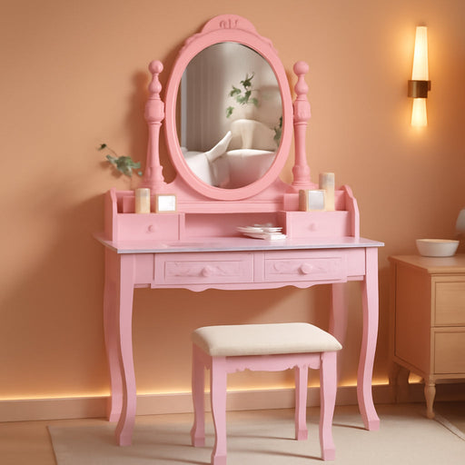 Girls Vanity Desk Set with Mirror and Cushioned Stool, 2 in 1 Pink Makeup Vanity Dressing Table with 4 Drawers for Women and Girls, Bedroom Dorm