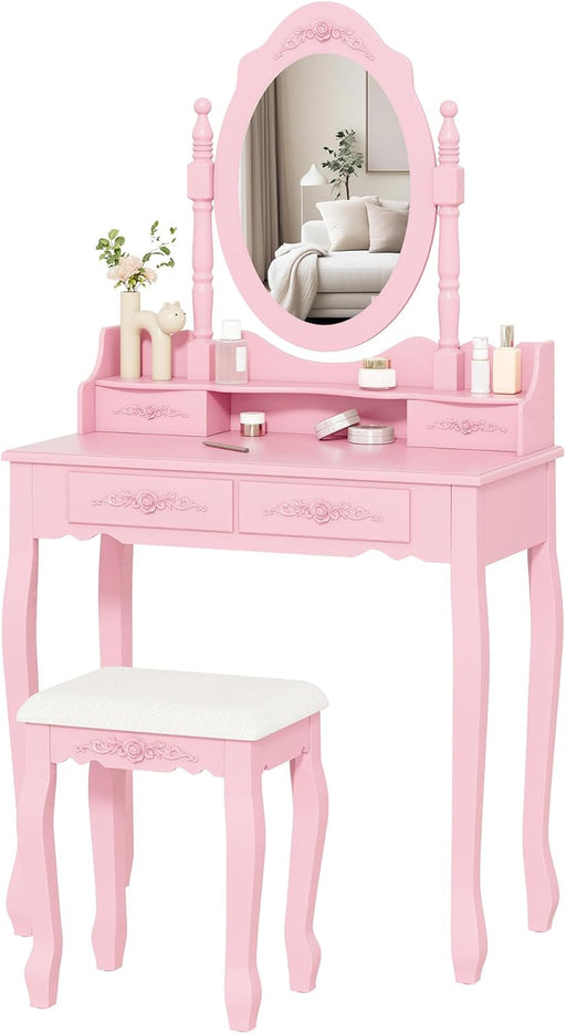 Girls Vanity Desk Set with Mirror and Cushioned Stool, 2 in 1 Pink Makeup Vanity Dressing Table with 4 Drawers for Women and Girls, Bedroom Dorm
