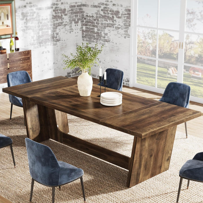 70.87-Inch Large Dining Table: Wood Long Dining Room Table for 6-8, Rectangular Farmhouse Kitchen Dinner Table with Solid Pedestal, Rustic Brown