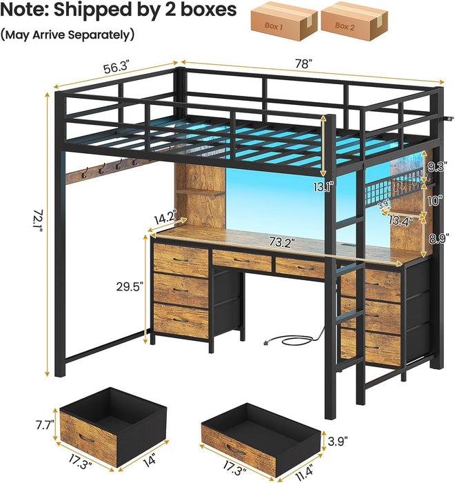 Full Size Loft Bed with Desk and 8 Storage Drawers, Metal Loft Beds Full with LED Lights & Charging Sation, Heavy Duty Loft Bed Frame with 6 Storage Shelves, Space-Saving, Rustic Brown