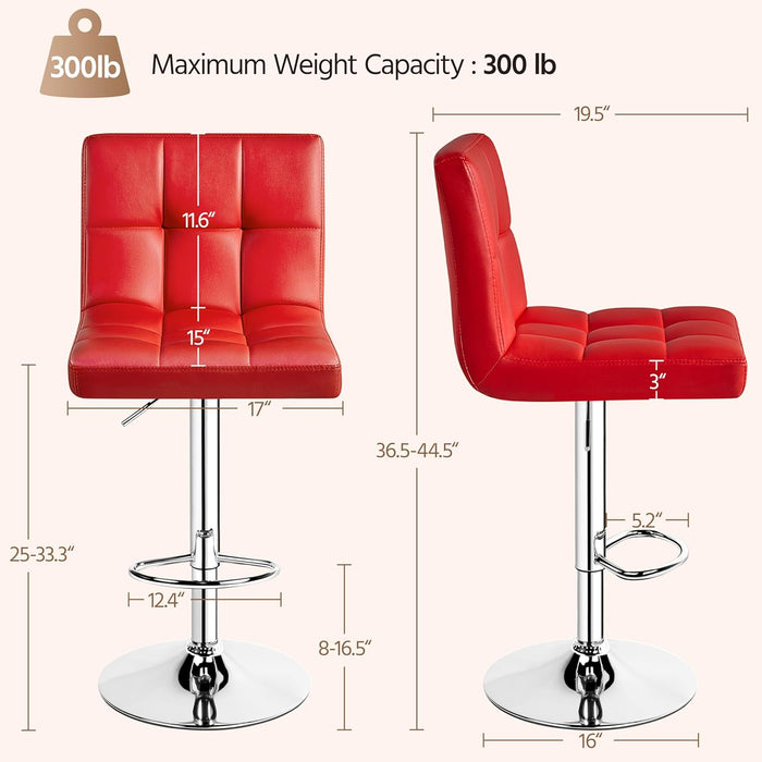 Bar Stools Set of 2, Adjustable PU Leather Swivel Barstools, Modern Counter Stools with Back and Footrest, Counter Height Barstools for Bar, Kitchen, Dining Room, Red