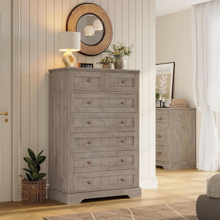 Farmhouse Dresser for Bedroom, 7 Drawers Dresser, 51.4"Tall Dressers Chest of Drawers with Hand Carved Panel, Large Wood Closet Storage Organizer Rustic Dressers for Bedroom Living Room Hallway