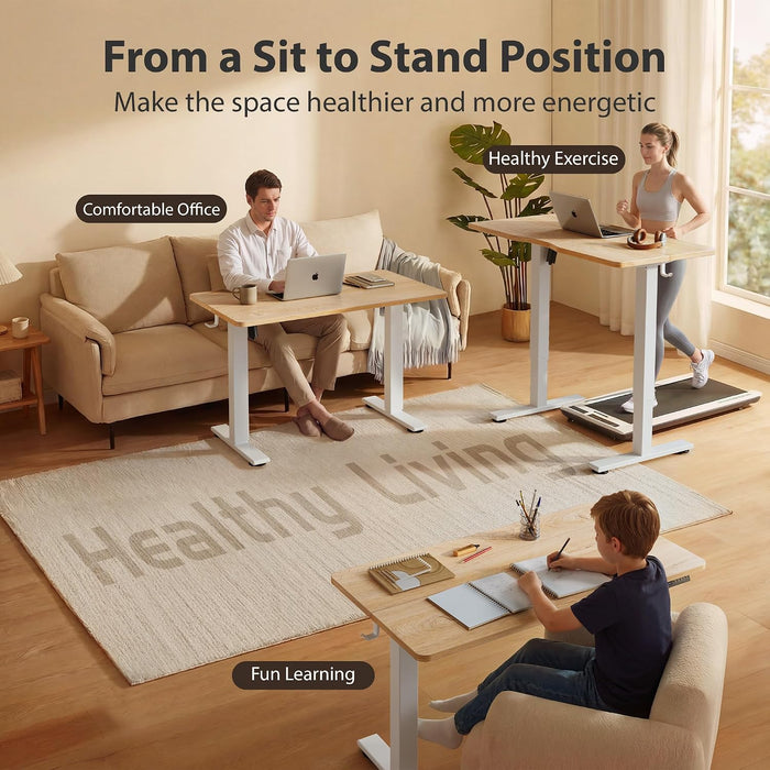 Standing Desk, 48X24 Inches Sit Stand Home Office Desk, Electric Stand up Desk, Adjustable Desk with Splice Board, White Frame/Maple Top