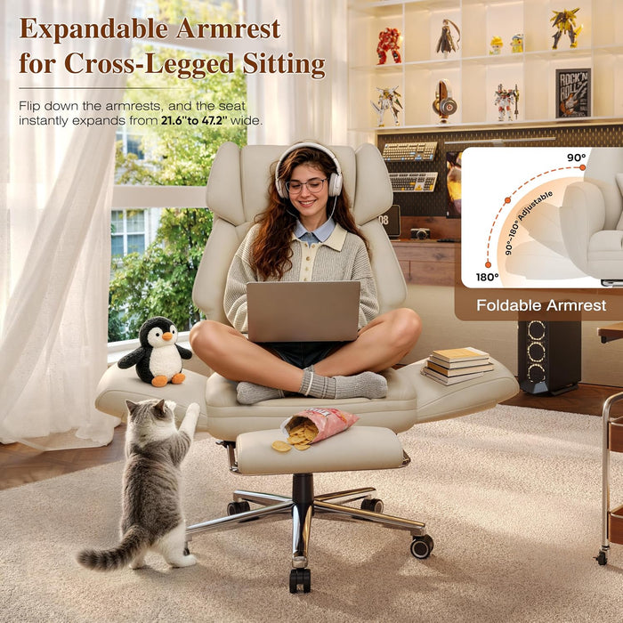 Ergonomic Criss Cross Office Chair with Footrest, Wide Executive Desk Chair with Foldable Armrest for Big and Tall, High Back Computer Chair-120° Tilt Vanity Chair for Meditation,Home,Ivory