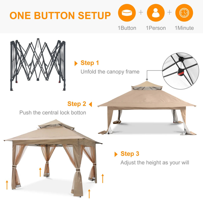 13'X13' Gazebo Tent Outdoor Pop up Gazebo Canopy Shelter with Mosquito Netting, Khaki