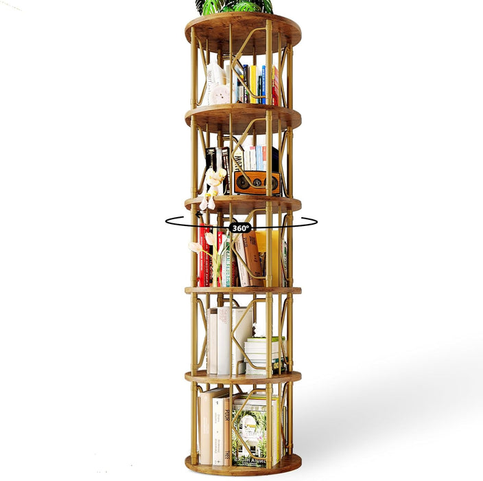 5 Tier Rotating Bookshelf Tower, Revolving Bookcase, 360° round Spinning Book Shelf, Narrow Swivel Bookshelves Vertical Turning Corner Bookshelf Organizer for Bedroom, Living Room, Gold & Brown