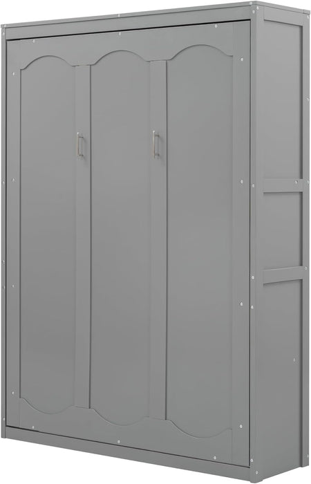 Full Size Murphy Bed Wall Bed with Shelves and Mattress Holder,Wood Hideaway Cabinet Chest W/Slat Support,Can Be Folded,For Small Room,Dorms,Gray
