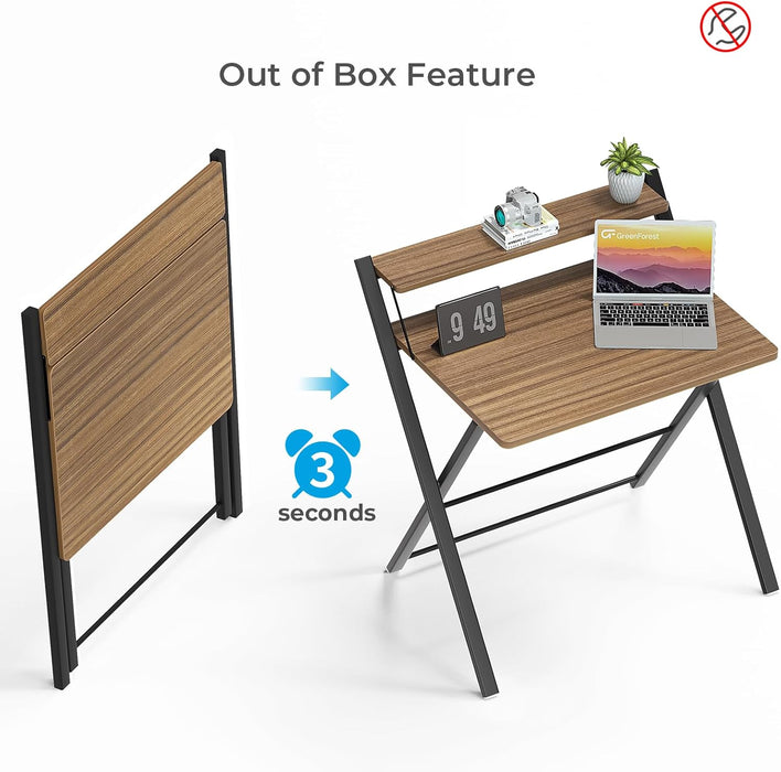 No Assembly Folding Desk, 2-Tier Compact Computer Desk with Shelf, 30 Inch Space Saving Foldable Table for Home Office, Dorm or Apartment, Portable Collapsible Sturdy Laptop Desk, Espresso