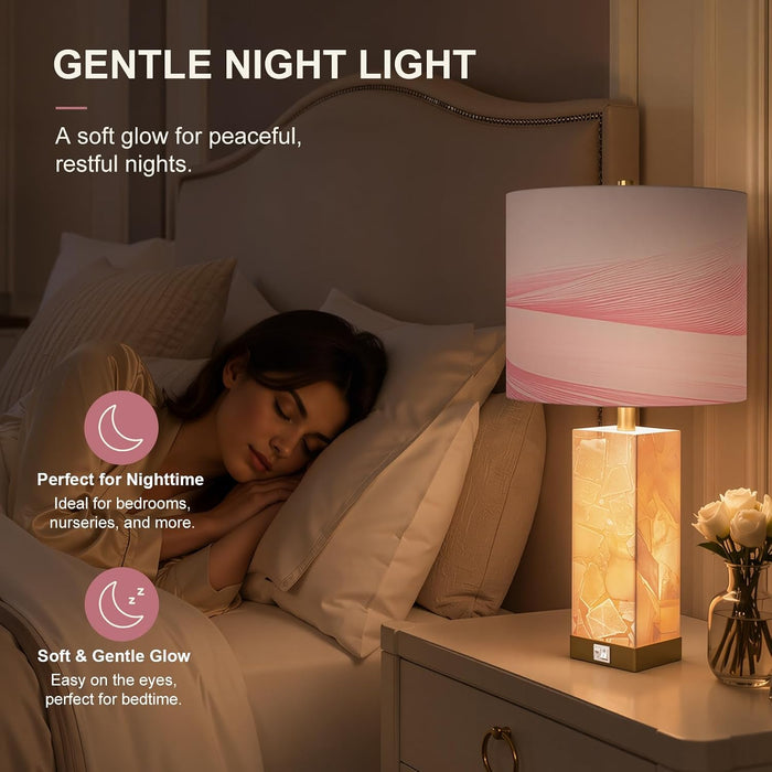 Pink Alabaster Table Lamp Set of 2 with Night Light for Bedroom