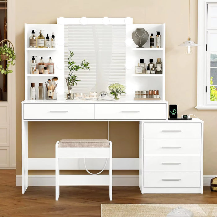 48" Large Vanity Desk with Mirror & Lights, Makeup Vanity Table with 6 Drawers & Power Outlet, 4 Open Storage Shelves,White