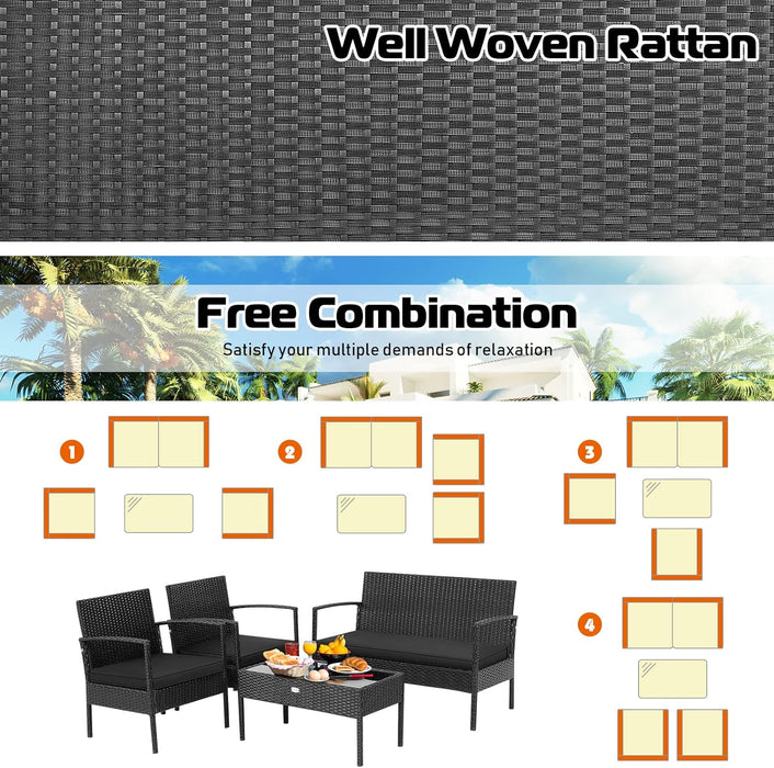 4 Piece Patio Rattan Conversation Set, Outdoor Wicker Furniture Set W/Glass Coffee Table, Solid Steel Structure, Ergonomic Seat, Suitable for Garden, Courtyard, Balcony, Poolside