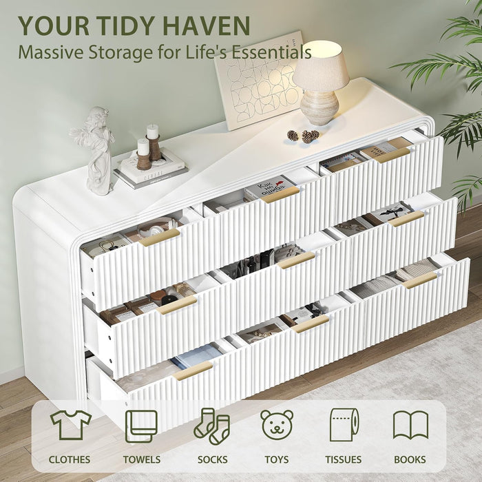Fluted 9 Drawers Dresser, 63'' Wide Modern Chest of Drawers with round Edge & Metal Handle, Wood Drawer Organizer for Bedroom, Living Room, White