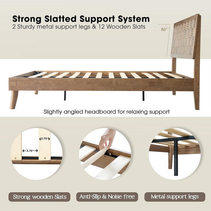 Queen Size Bed Frame, Headboard & Footboard, Solid Wood Platform Bed, Center Metal Legs with 12 Heavy-Duty Slatted Base, Easy Assemble, Noise & Slip-Free, No Box Spring Needed, Barnwood Finish IDQ-30