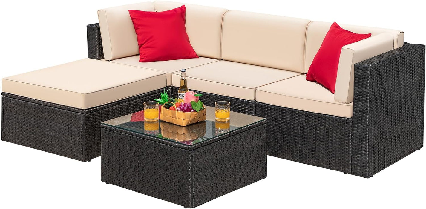 5 Piece Patio Conversation Set Wicker Rattan Furniture Outdoor Sofa with Cushions,Pillows & Glass Table for Porch,Lawn and Yard,Beige